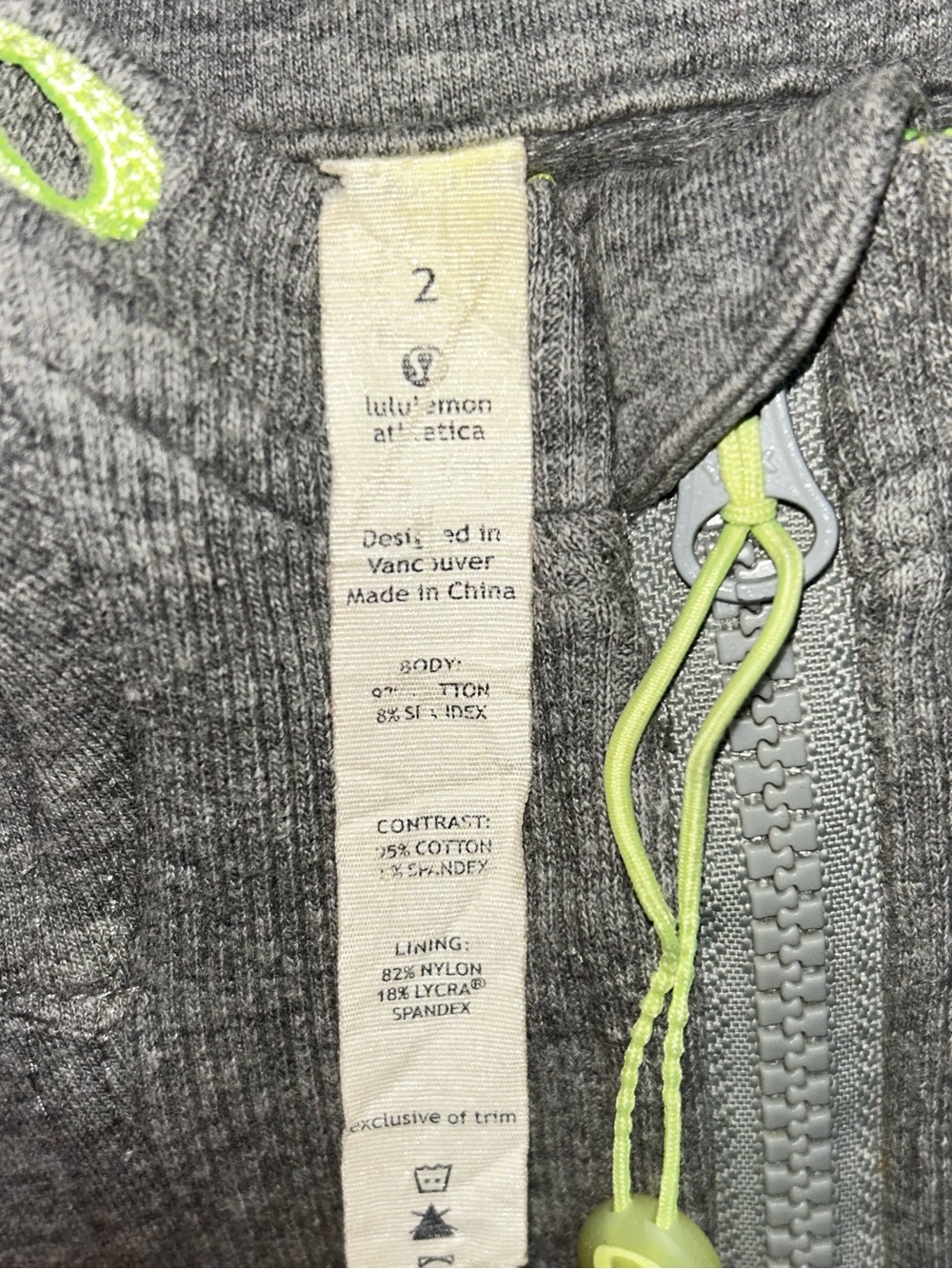 Vintage Lululemon athletica Heather Gray Zip Hoodie with Neon Yellow Accents SZ2 - Picture 9 of 9